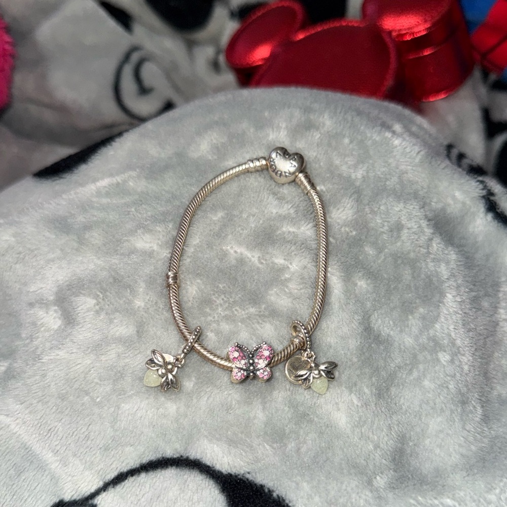 Pandora Silver Bracelet with Pink Butterfly and Firefly charms